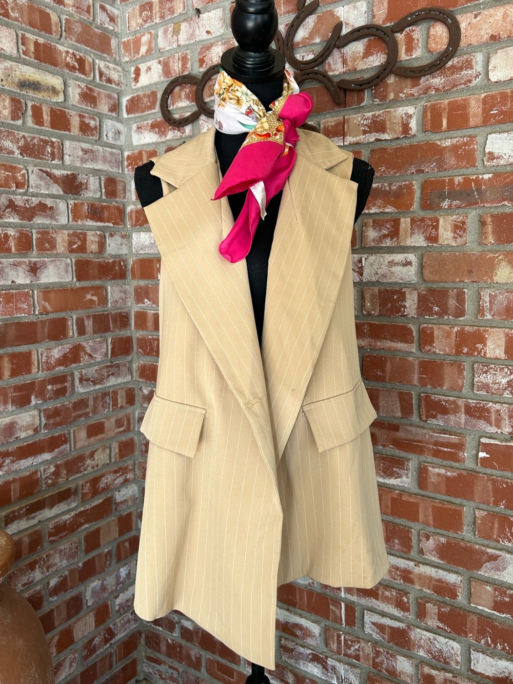 NWT Shamrock Sleeveless Pinstripe Long Blazer Vest in Tan